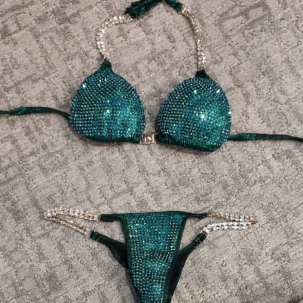 NPC Bikini Competition Suit Emerald Green With Rhinestones